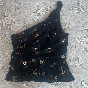 A.L.C. Black One-Shoulder Peplum Camisole with Metallic Gold & Pink Accents